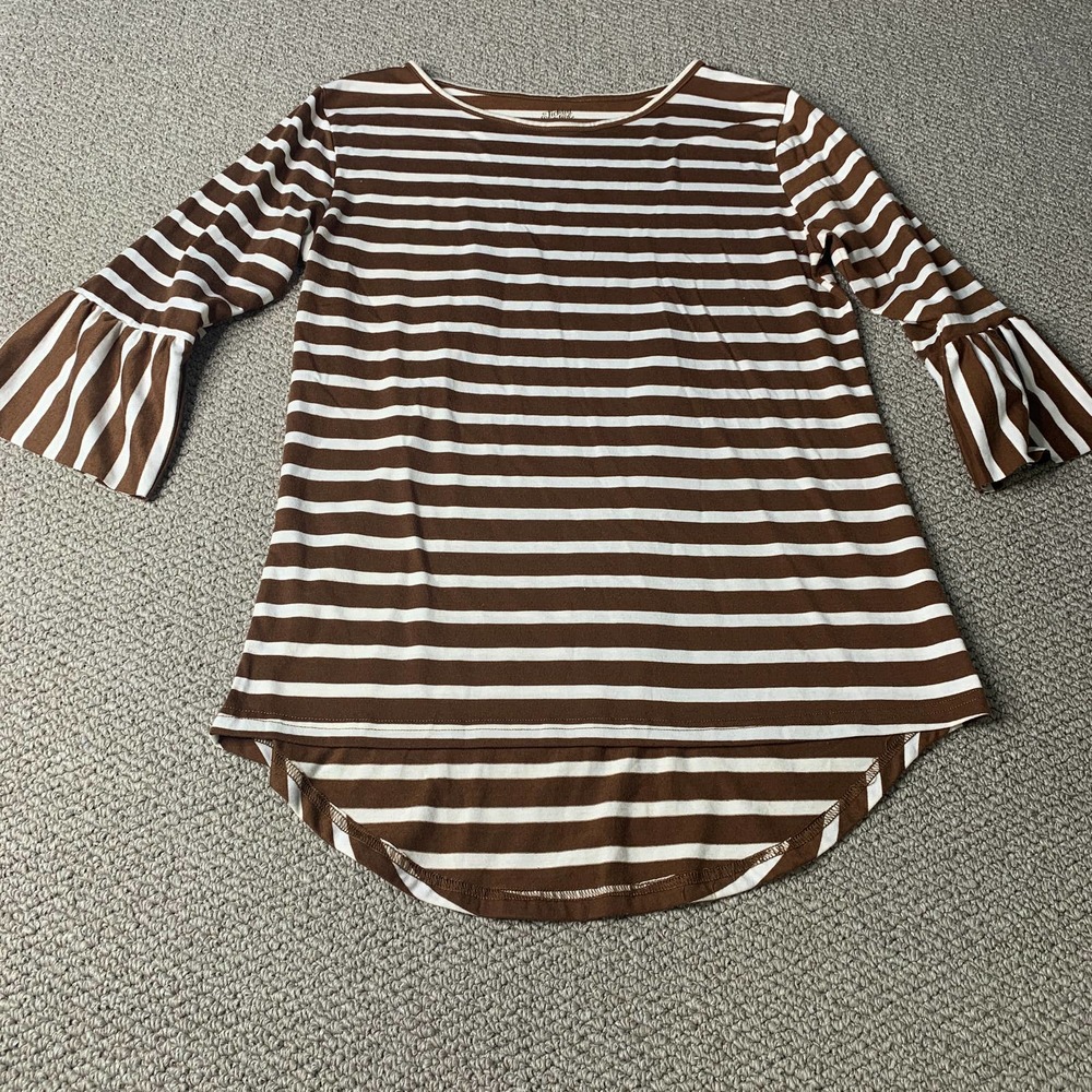 Tickled Teal Womens Blouse Shirt Size Medium Brown/White Striped Bell Sleeves